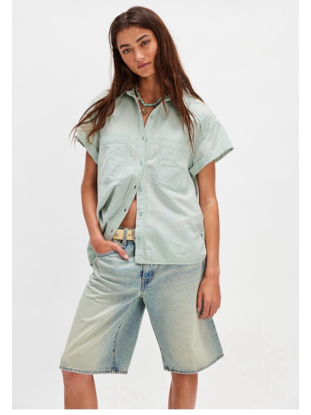 Free People Relaxed Short-Sleeve Button-Down Shirt in Mint
